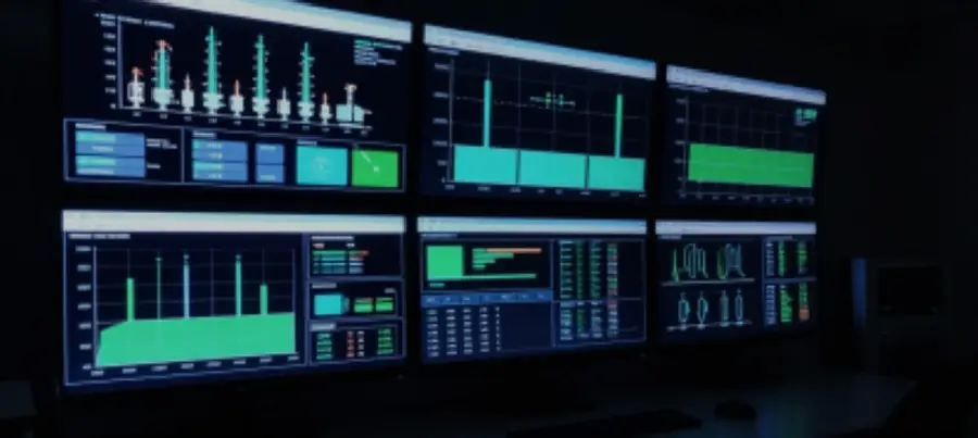 Sala de monitoramento com telas de indicadores de produção