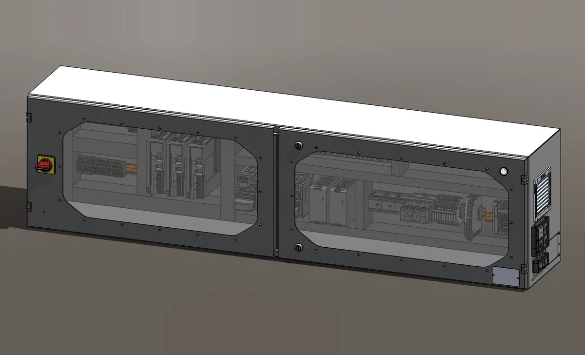 Modelo 3D de painel de automação com duas portas visor, drives e bornes